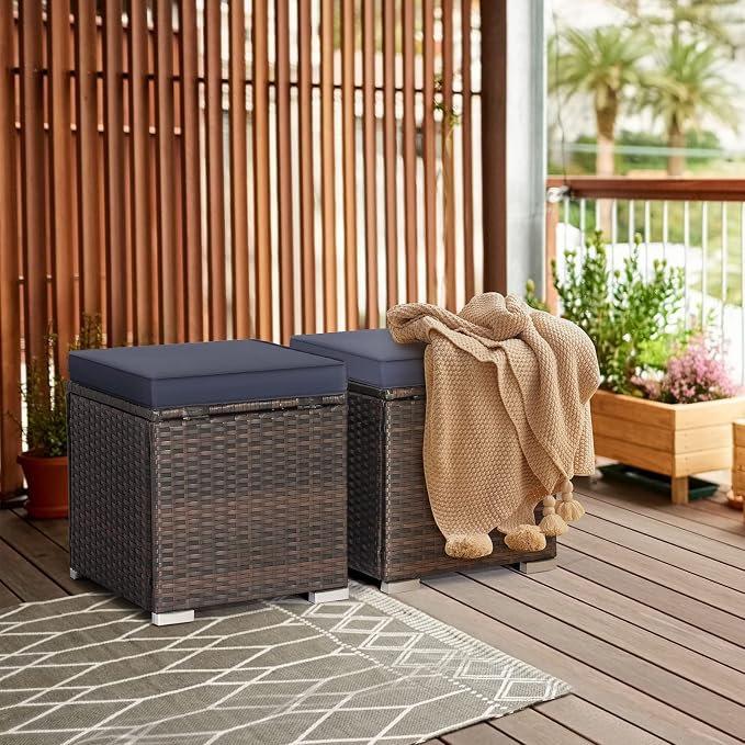 RELAX4LIFE Wicker Outdoor Storage Ottoman, 2-Piece Rattan Footstool w/Removable - Image 2