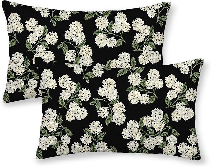 Black Spring Pillow Covers 12x20 Inch 2 Pcs Green Hydrangea Flower Decor Throw by DAFENA