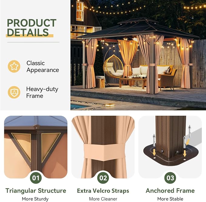 Aoxun 10'x12' Hardtop Gazebo, Aluminum Frame Permanent Pavilion - Image 4