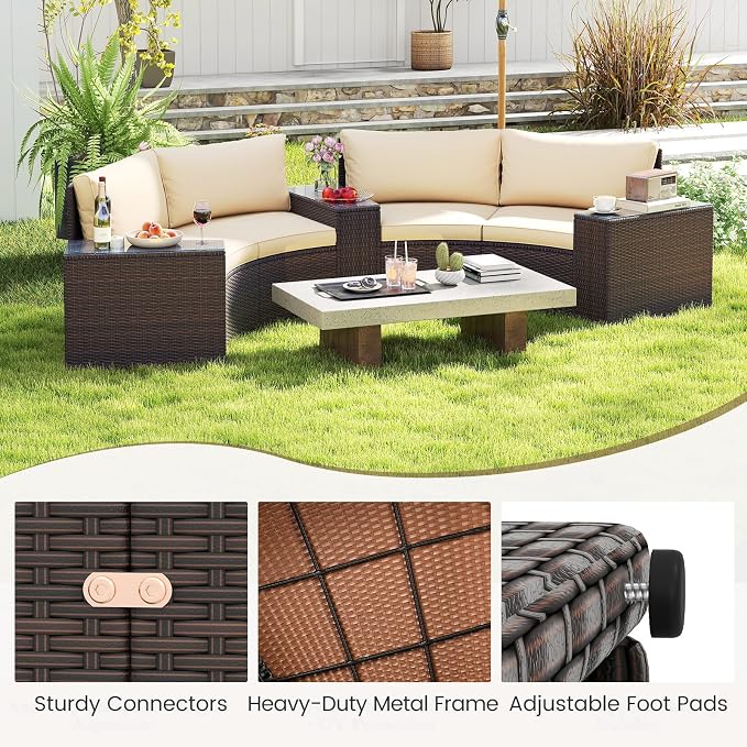 Tangkula 5 Pieces Patio Furniture Set, PE Rattan Half-Moon Curved Sectional - Image 5