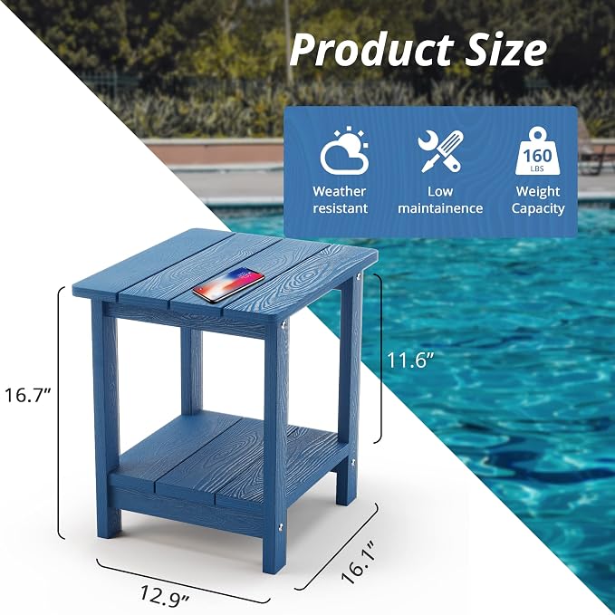 LUE BONA Adirondack Outdoor Side Table, 2-Tier Navy Blue HDPS Patio End Table - Image 3
