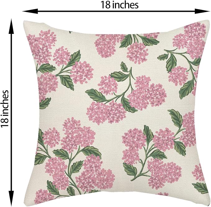 Preppy Pink Spring Pillow Covers 18x18 Inch 2 Pcs Green Hydrangea Flower Decor - Image 6