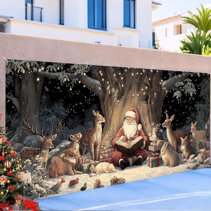 Santa Reading with Woodland Animals Garage Door Banner 6x13FT, Cozy Forest - Image 6