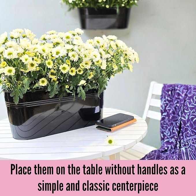 LaLaGreen Outdoor Plants Rail Planter Black Metal Iron Hanging Flower Oval Pots - Image 8