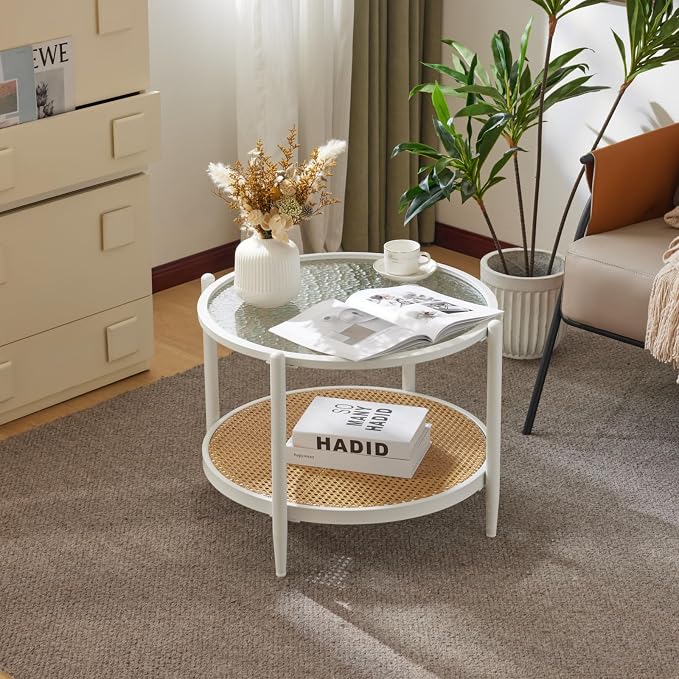 VINGLI 25.6" Coffee Table for Living Room, Round Water-Wave Glass Metal Center - Image 9