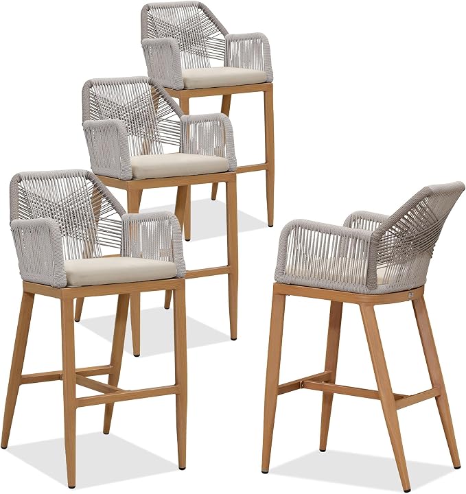 PURPLE LEAF Patio Sunbrella Bar Height Stools 28" H Set of 4 Boho Rattan - Image 9