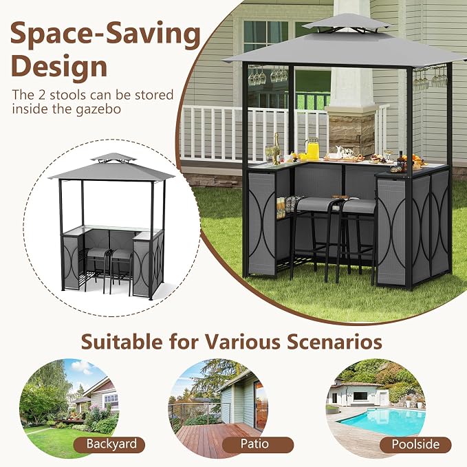 Tangkula 3-Piece Patio Bar Set, Grill Gazebo & 2 Bar Stools - Image 9