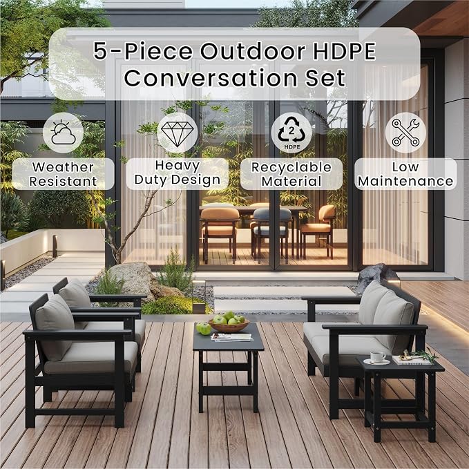 5-Piece Patio Conversation Sets, Weatherproof HDPE Sectional Furniture Set - Image 3