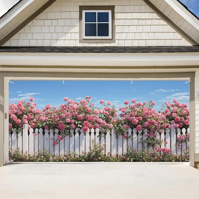 Rose Garden Garage Door Banner 6x13FT, Large Outdoor Floral Decoration by ANNAQUEEN