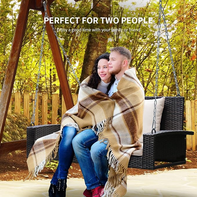RELAX4LIFE Porch Swing 2-Seat Patio Rattan, Wicker Porch Swings Outdoor W/Two - Image 3
