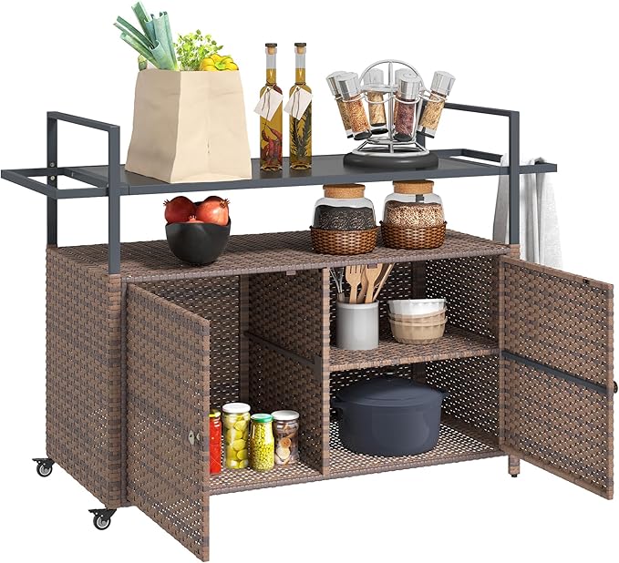 Outsunny PE Rattan Outdoor Storage Cabinet, Wicker Outdoor Bar Table Kitchen by Outsunny