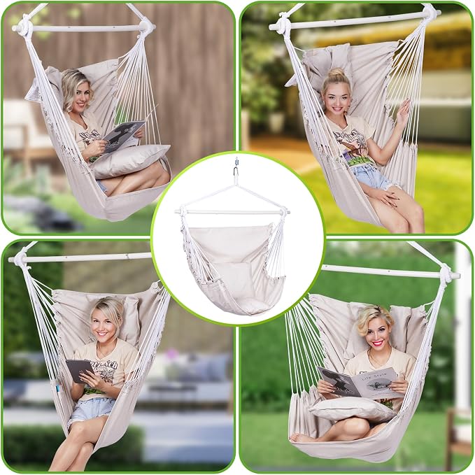 Backyard Expressions Hammock Chair Hanging Rope Swing Chair, 2 Pillows - Image 3