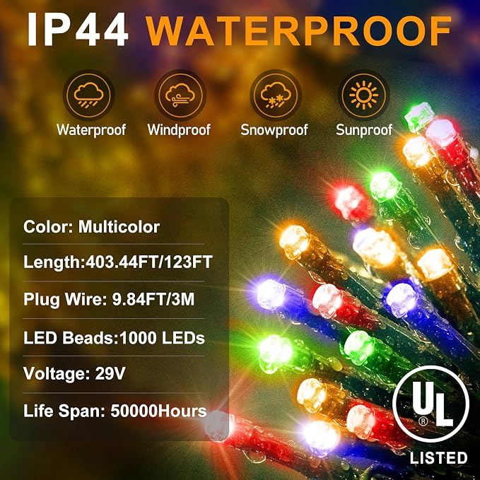 KNONEW 403FT 1000 LED Christmas Lights Outdoor String Lights 8 Modes & Timer - Image 2