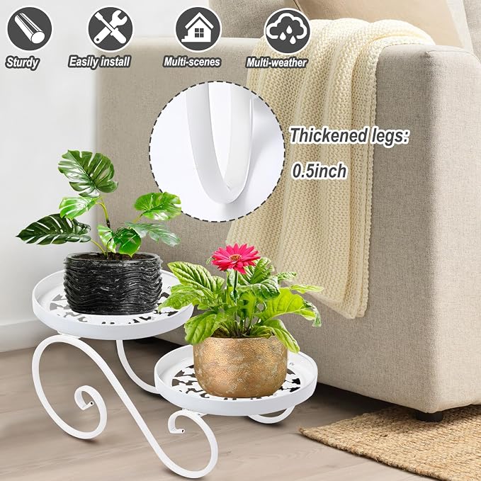 2 Tier White Plant Stand, Metal Flower Stand Indoor Outdoor, Anti-Rust Iron - Image 2