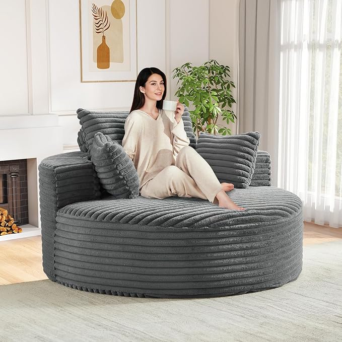 Oversized Round Chaise Longue Chair Indoor, Modern 55-inch Upholstered Corduroy by Antetek