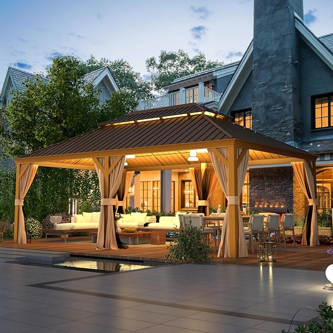 EROMMY 12'x22' Gazebo, Wooden Finish Coated Aluminum Frame Pergola - Image 8