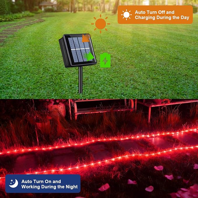 QITONG Red Solar Rope Lights Outdoor, 2 Pack Each 33ft 100LED String Light - Image 3