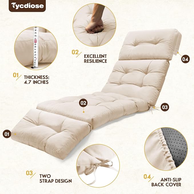 Outdoor Chaise Lounge Chair Cushion Waterproof 74.4 x 22 x 4.7 Inches Memory - Image 5