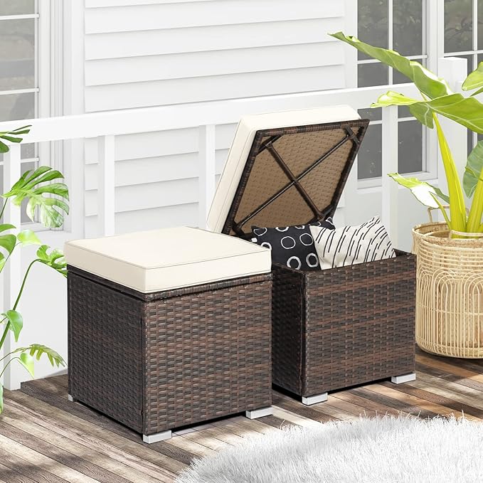 RELAX4LIFE Wicker Outdoor Storage Ottoman, 2-Piece Rattan Footstool w/Removable - Image 9