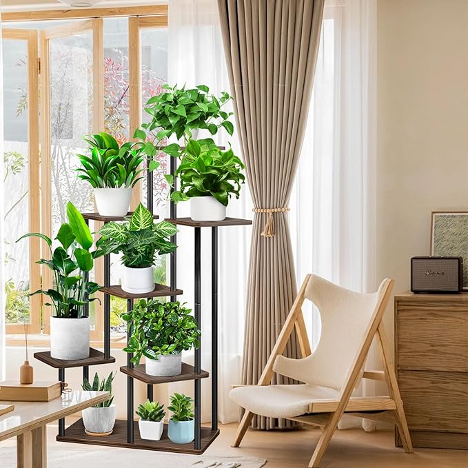 7 Tier Plant Stand Indoor, Thickened Metal Wood Corner Plant Shelf Stands - Image 5