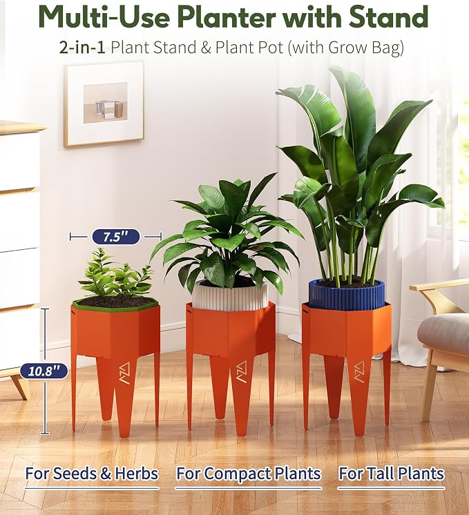 Planter with Stand, Metal 2 in 1 Portable Planter with Grow Bags & Handle - Image 2