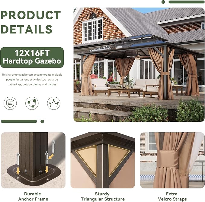 Aoxun 12'x16' Hardtop Gazebo, Outdoor Metal Gazebo - Image 6