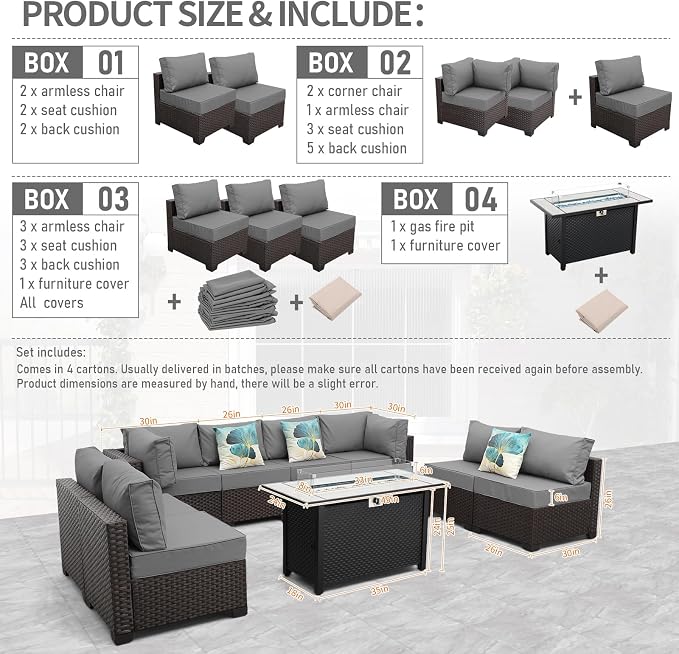 9 Pieces Wicker Patio Furniture Set Outdoor PE Rattan Sectional Conversation - Image 4