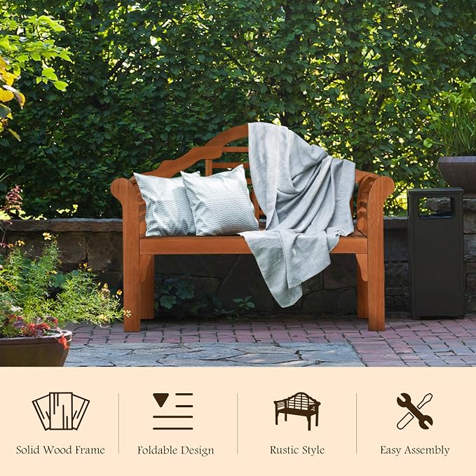 COSTWAY Folding Wooden Bench Outdoor, Crown-Like High Backrest, Patio - Image 5