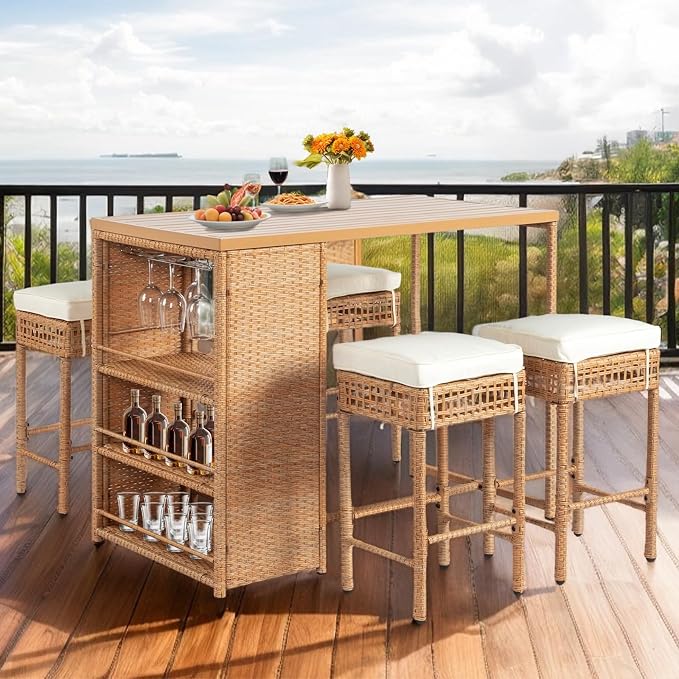 Outvita 5-Piece Outdoor Bar Set, Wicker Rattan Bar Height Patio Set w/4 Cushion - Image 9