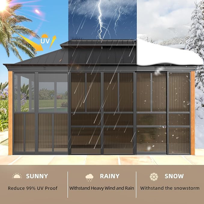 EROMMY 12' X 16' Hardtop Sunroom, Galvanized Steel Double Roof Gazebo Solarium - Image 8