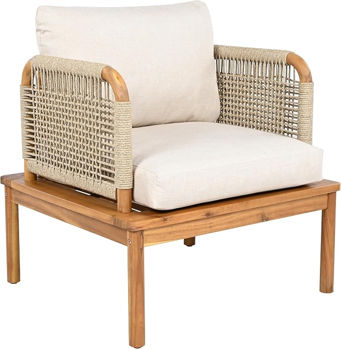 Outdoor Armchair, Acacia Wood and Rope Club Chair - Image 3