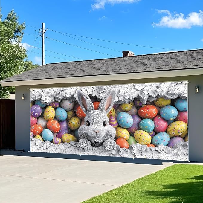 ANNA QUEEN Easter Bunny Garage Door Banner 6x13FT, Cute Rabbit Peeking Cracked - Image 8