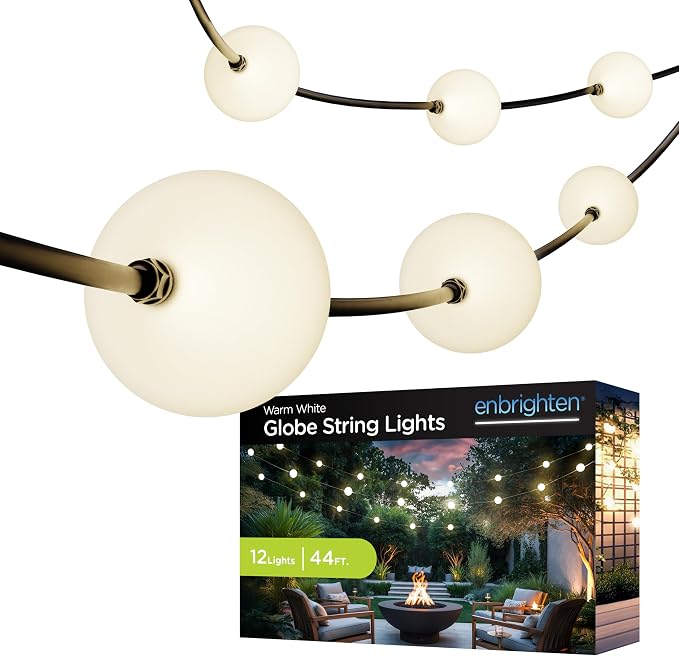 Enbrighten Globe Outdoor String Lights, 12 Large 4in Round Bulbs, 2700K Warm by Enbrighten