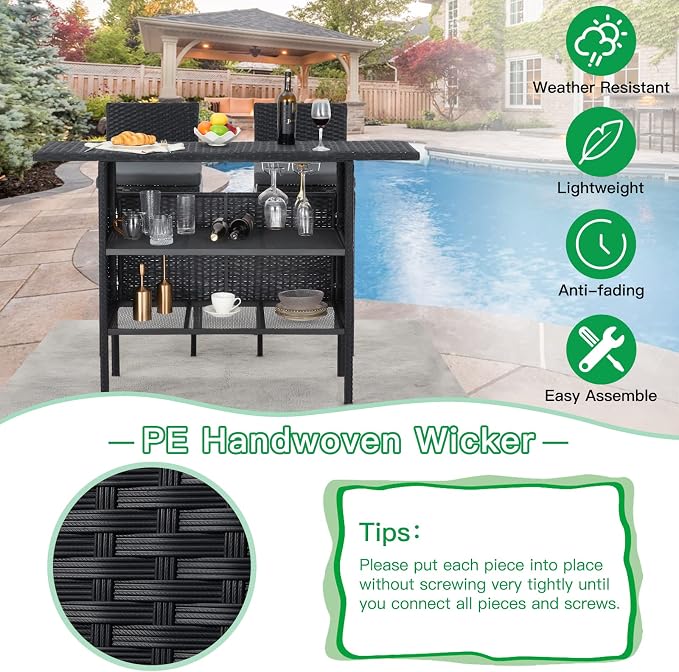 ECOTOUGE Black Wicker Bar Table, Outdoor Patio Console Table Serving Table - Image 4