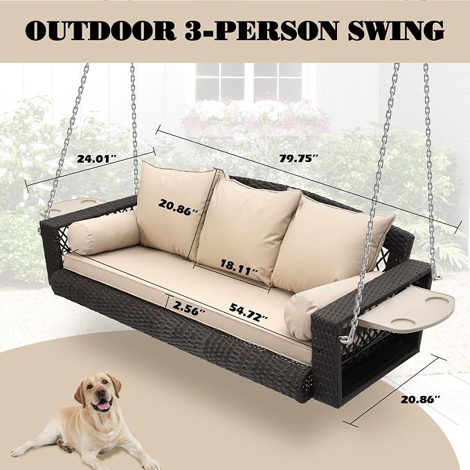 3-Person Hanging Porch Swing, Outdoor Wicker Hanging Swing Chair, 76inch Wicker - Image 7