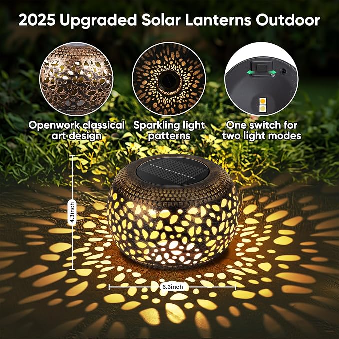 Solar Lanterns Waterproof Outdoor Decor: 2 Pack Hollow Out Retro Metal Solar - Image 3