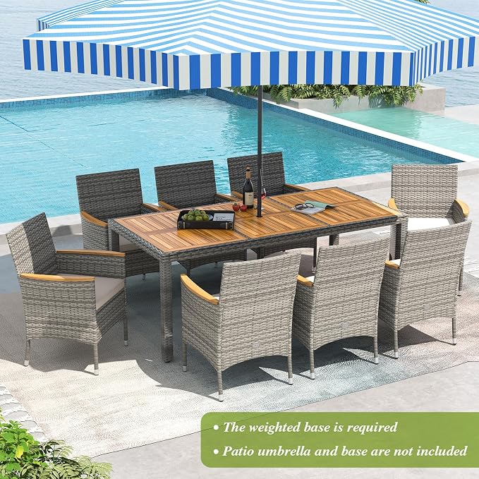 Tangkula 9 Pieces Patio PE Wicker Dining Set, Outdoor Acacia Wood Table and - Image 3