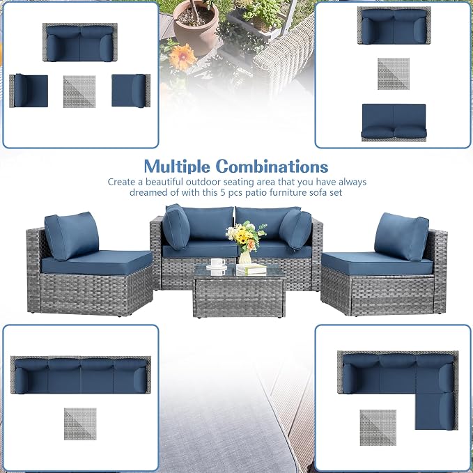 Shintenchi 5 Pieces Outdoor Patio Sectional Sofa Couch - Image 2