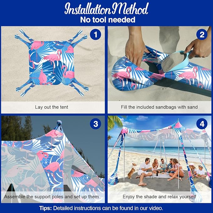 Rhino Valley Beach Tent Shade Canopy UPF50+ Protection, 8 Sandbags, 4 Stability - Image 5