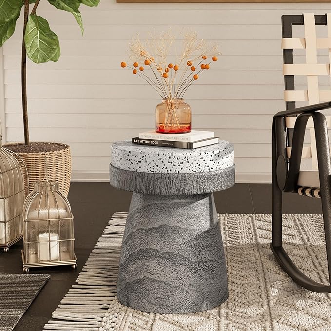 COSIEST Outdoor Side Table w Spotted Tabletop, Concrete Side Table, Round Patio by COSIEST