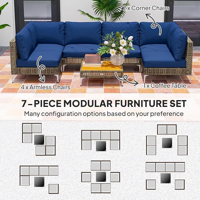 Outsunny 7 Piece Wicker Patio Furniture Set, Modular Outdoor Sectional - Image 4