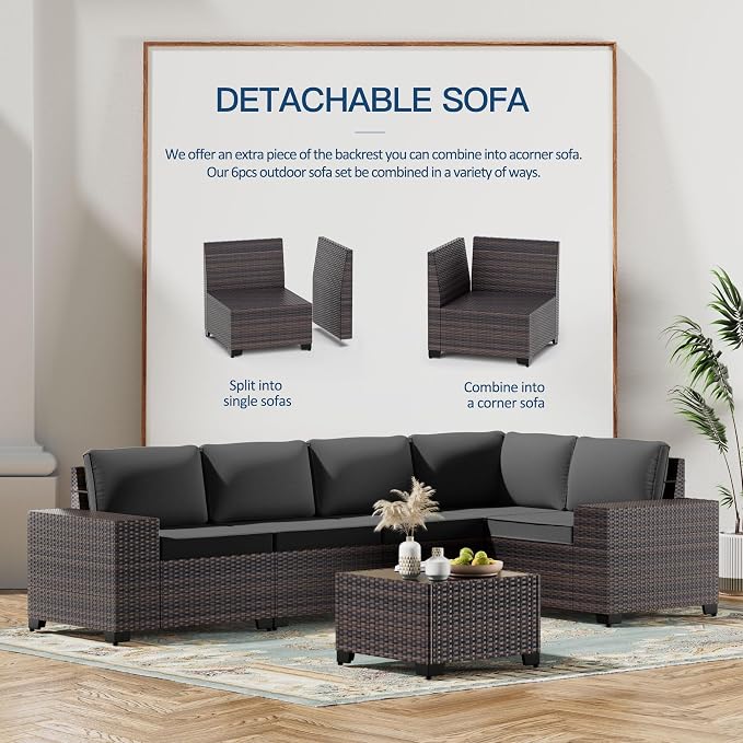 Kullavik 6PCS Outdoor Patio Furniture Set PE Wicker Rattan Sectional Sofa Patio - Image 5