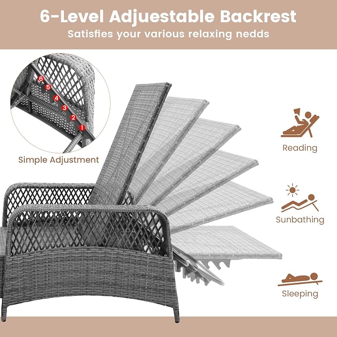 Tangkula Wicker Chaise Lounge Outdoor Set of 2, Patio Rattan Reclining Chaise - Image 5