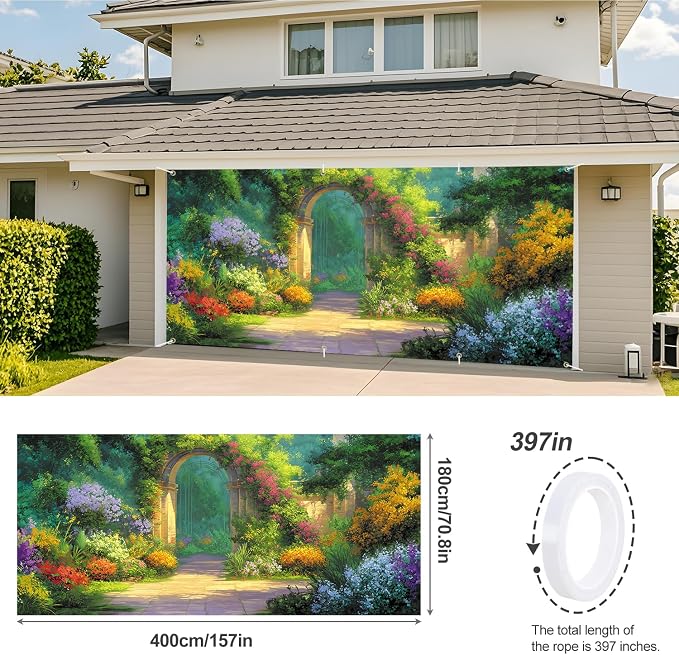Spring Garden Archway Garage Door Banner 6x13FT, Colorful Flower Path Garage - Image 3