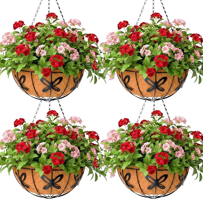 12 inch Metal Hanging Baskets For Plants Outdoor 4 Pack Round Metal Wire by JFFLYIT