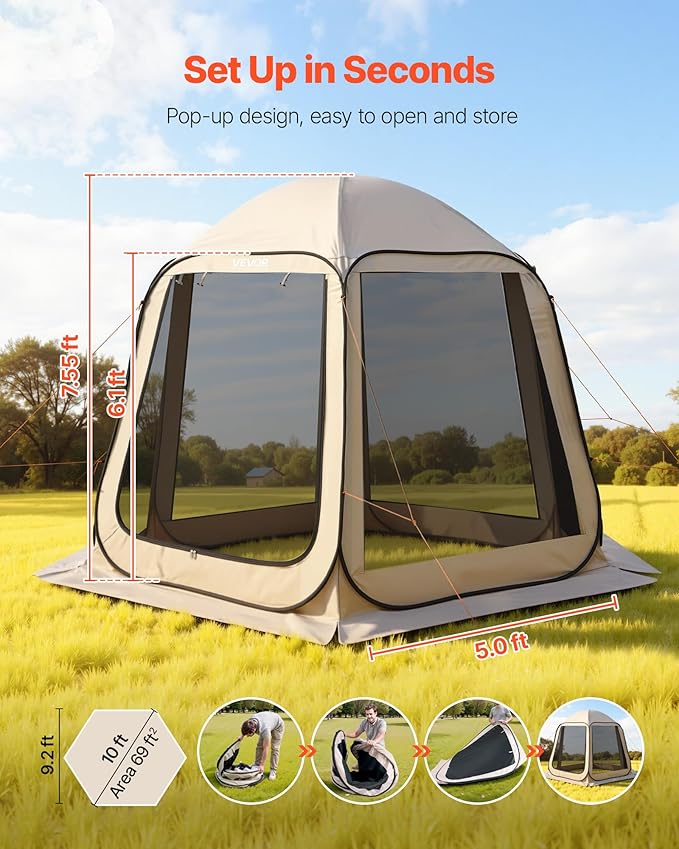 VEVOR 10 x 9.2 ft Pop-Up Screen House Tent, 4–8 Person Portable Screen Gazebo - Image 2