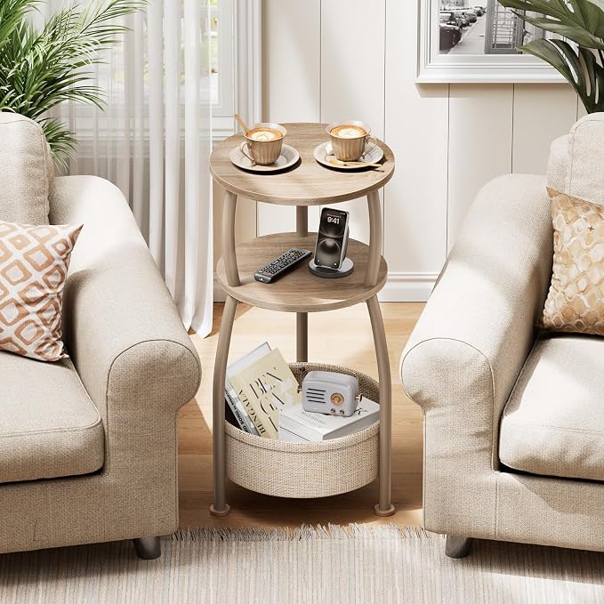Small Side Table with Storage Basket, Space Saving Round End Table 3-Tier - Image 5