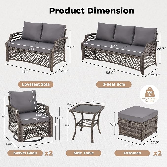 HOMREST 7 Piece Patio Furniture Set, Wicker Outdoor Conversation Sofa Set - Image 5