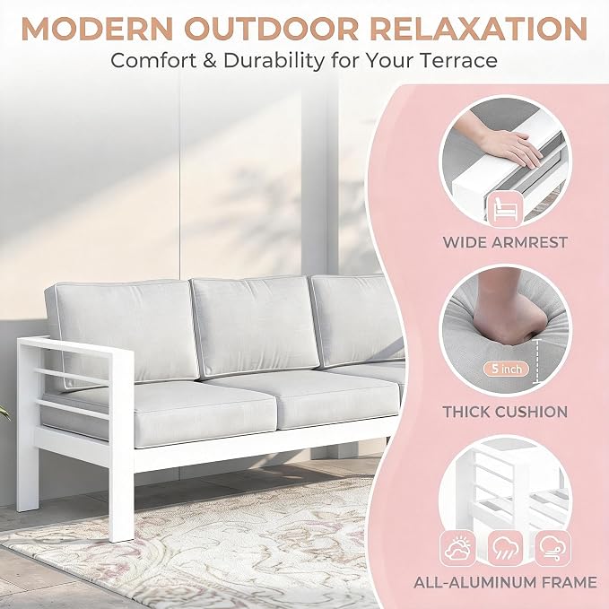 Kiss the Water Outdoor Couch Aluminum Patio Furniture Sofa, 3 Seat All-Weather - Image 7