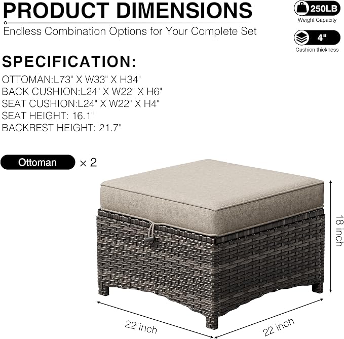 Joyside Outdoor Ottoman Set of 2, Patio Large Ottoman Foot Rest - Image 3